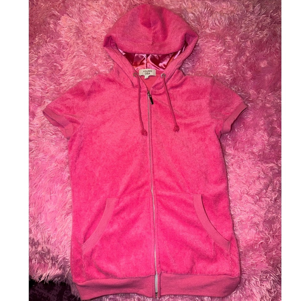 Young USA Hot Pink Terry Cloth Short Sleeve Zip Up Hoodie Satin Lined Small